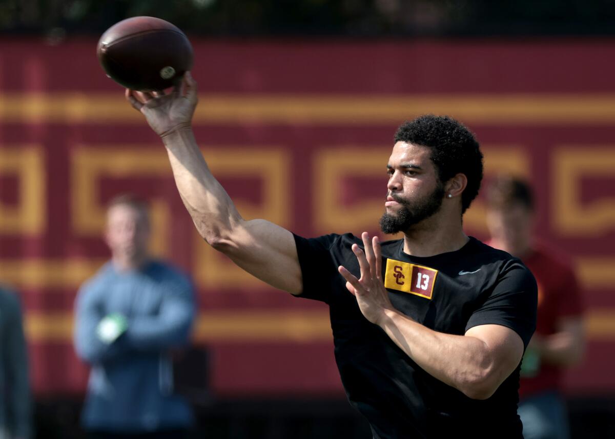 USC quarterback Caleb Williams throws during USC pro day Wednesday. 