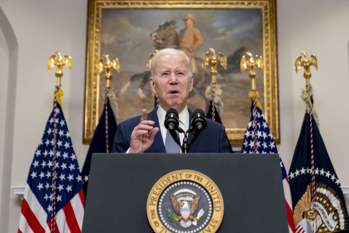 President Joe Biden speaks about the banking system in the Roosevelt Room of the White House in Washington, Monday, March 13, 2023. (AP Photo/Andrew Harnik)