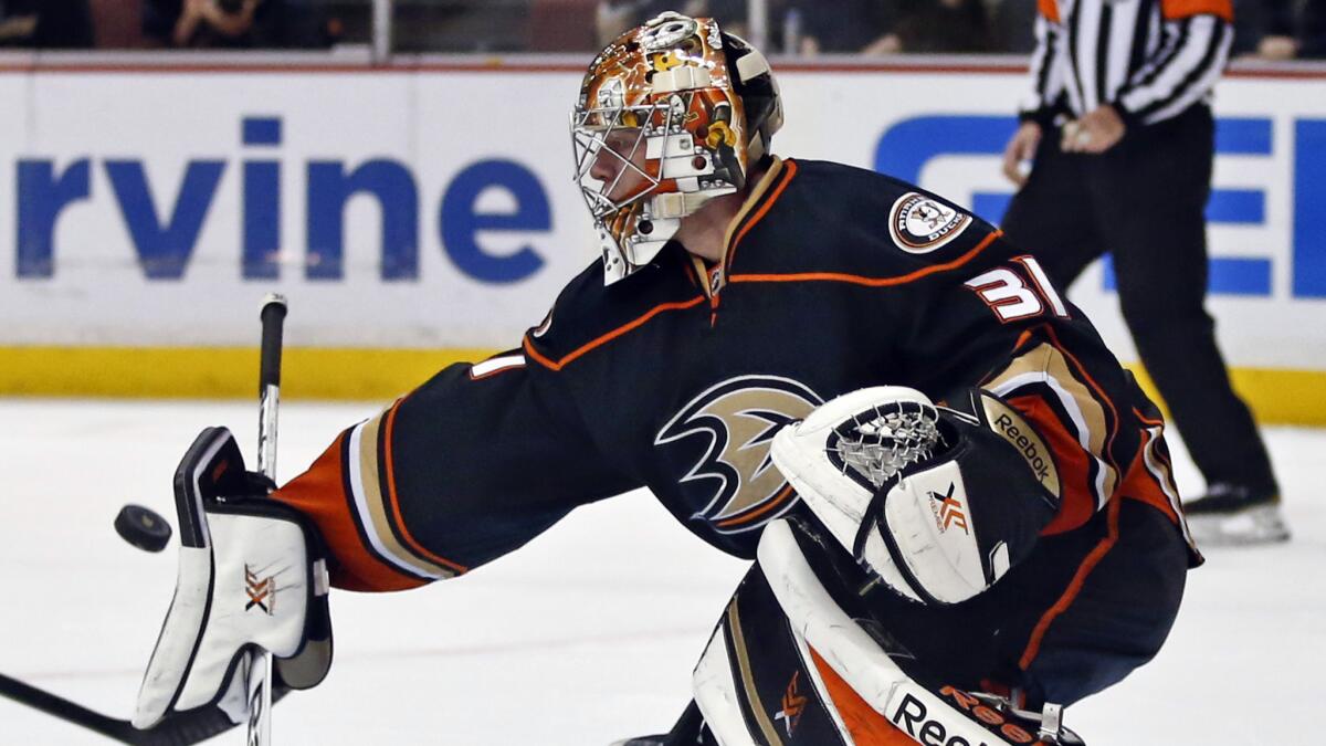 Ducks goalie Frederik Andersen makes a save during a 3-2 win over the Boston Bruins at Honda Center on Monday.