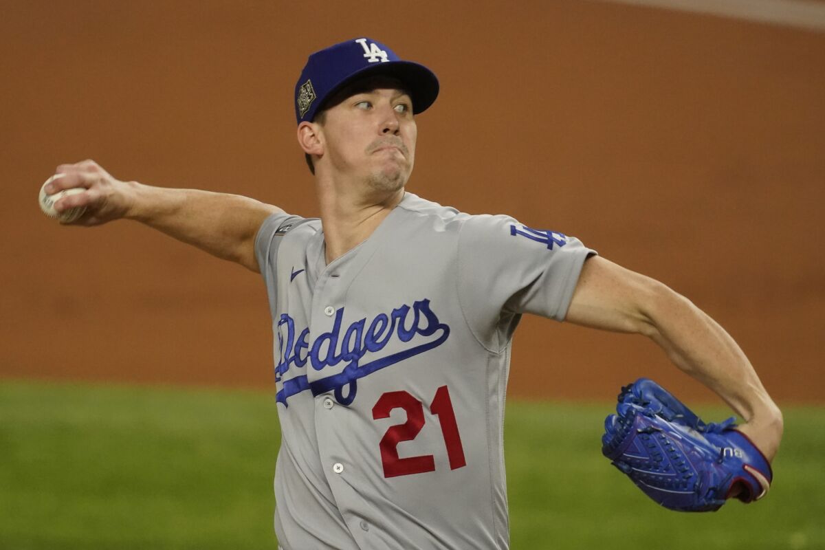 Dodgers pitcher Walker Buehler throws against the Tampa Bay Rays.