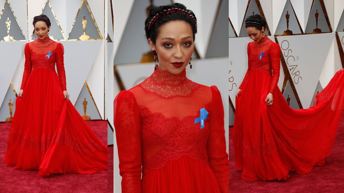 Ruth Negga is wearing a custom-made red Valentino dress and Irene Neuwirth jewelry. Negga looks like a queen in such a regal ensemble, which is why she reigns on our best-dressed list.