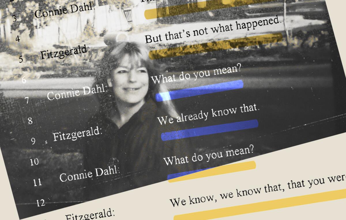 A woman smiling in a photograph. Words from a transcript are overlayed: "That's not what happened." "What do you mean?"