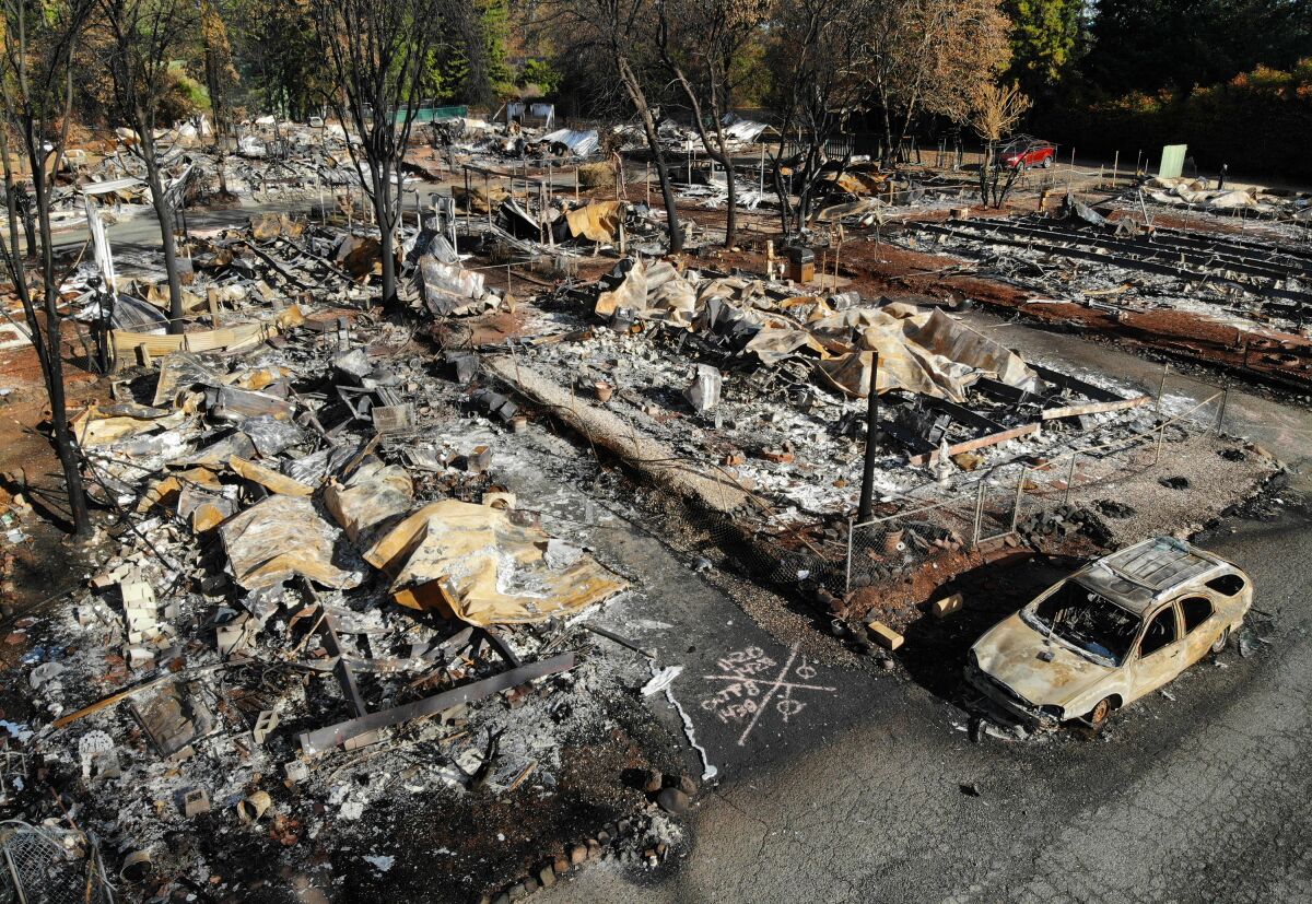 All but a few homes in the Pine Grove Mobile Home Park were destroyed in the Camp fire in 2018. 