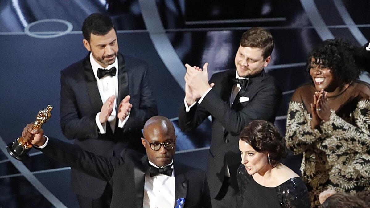 Barry Jenkins accepts "Moonlight's" award for best picture at the 2017 ceremony. The film's win came only a year into the Academy's push for a more diverse membership.