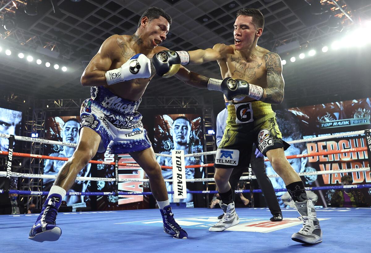 Miguel Berchelt (izq.) recibe fuerte castigo de su compatriota y ahora campeón del mundo, Óscar Valdez (der.).