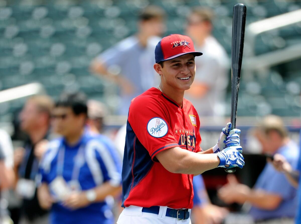 Shortstop Corey Seager, one of the Dodgers' top minor league prospects, looks on during batting practice prior to the All-Star Futures game against the World Team at Target Field on July 13.