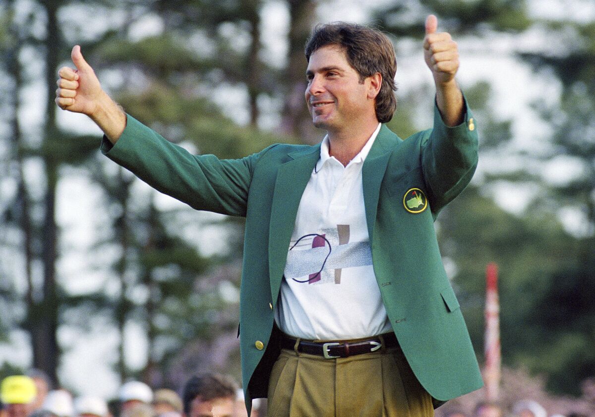 Fred Couples celebrates after winning the Masters in 1992.