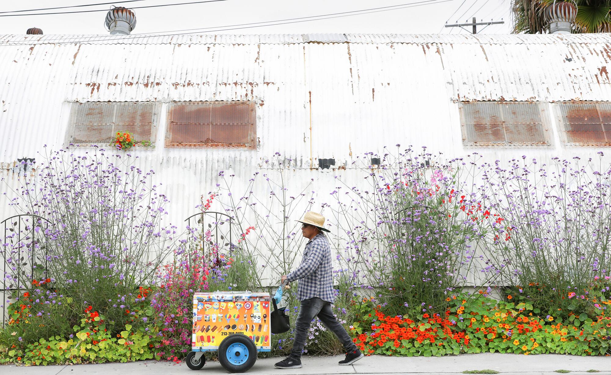 A person pushing a food cart walks past the Plant Chica's flowering plants along the sidewalk.