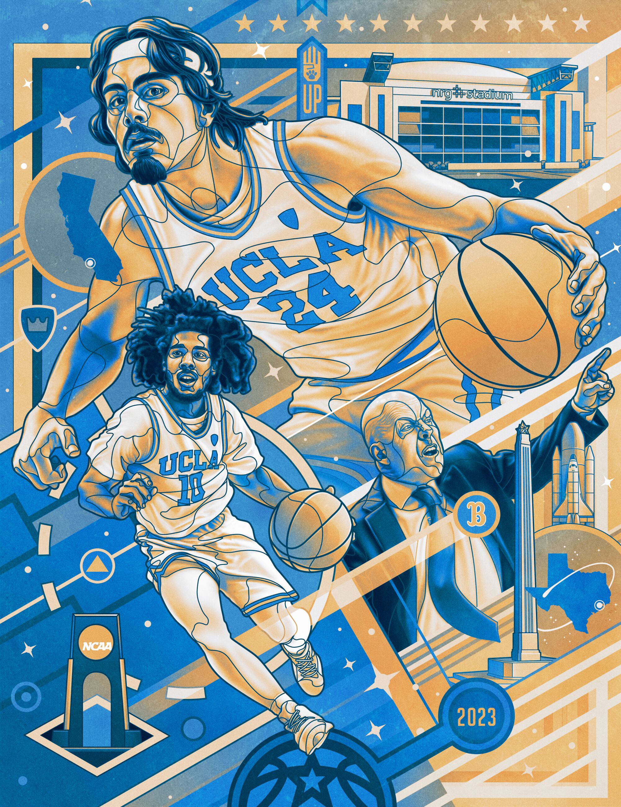 Illustration of two players wearing UCLA jerseys dribbling basketballs. And a coach wearing a suit gesturing with his finger.
