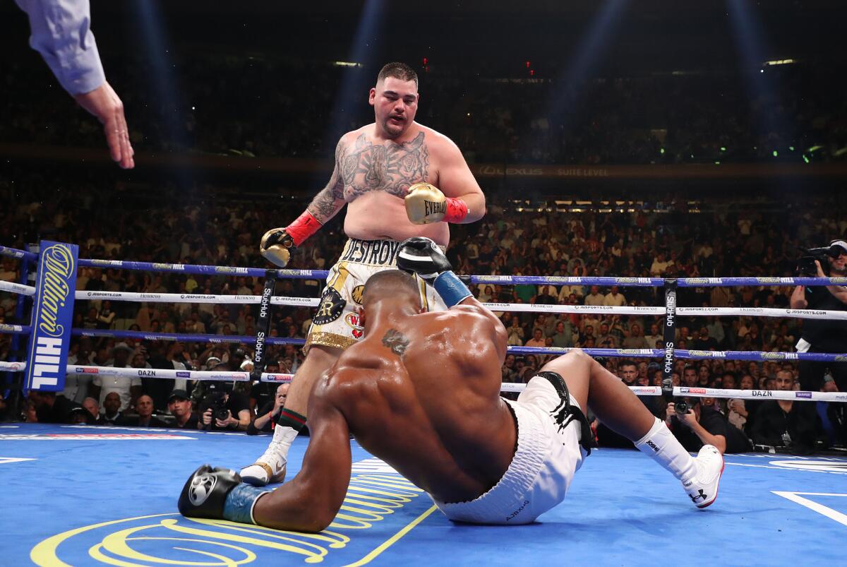 Andy Ruiz Jr. knocks down Anthony Joshua.