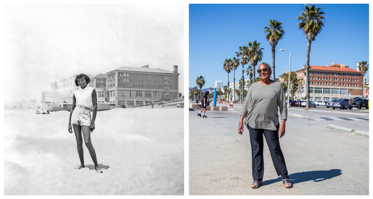 Cristyne Lawson as a young girl in Santa Monica in 1953, and today.