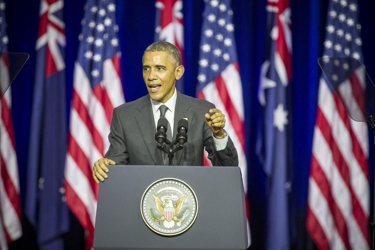 President Obama addresses an audience at the University of Queensland in Brisbane, Australia.