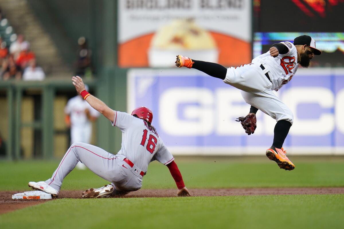 Angels' Brandon Marsh steals second base as Baltimore Orioles second baseman Rougned Odor leaps over him.