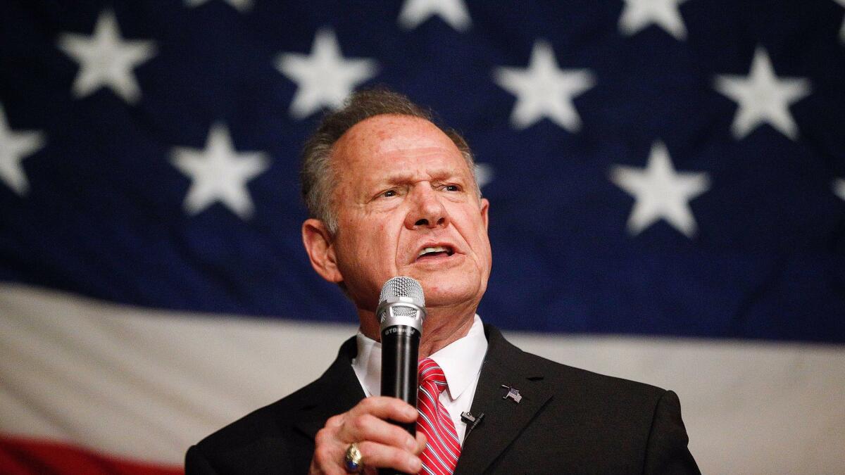 Former Alabama Chief Justice and U.S. Senate candidate Roy Moore speaks at a campaign rally in Fairhope Ala. on Dec. 5.