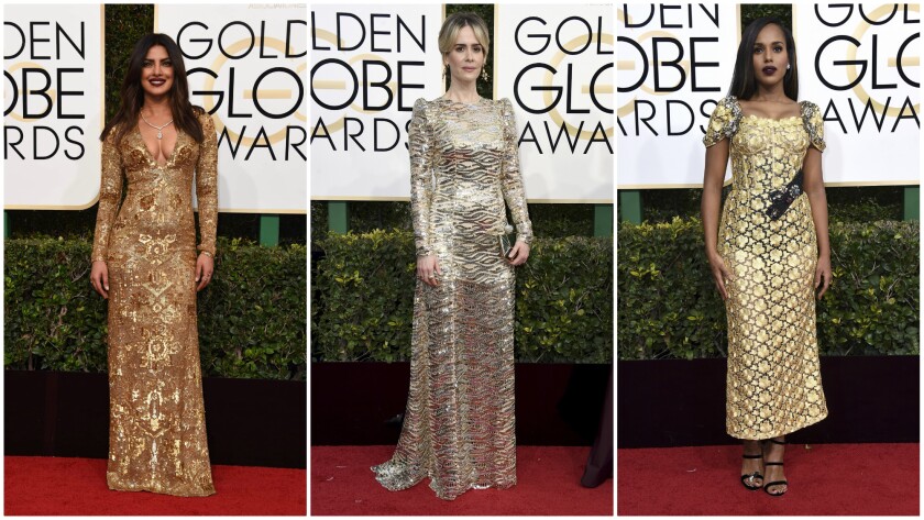 Among the actresses putting the "golden" in Golden Globes: from left, Priyanka Chopra in Ralph Lauren Collection, Sarah Paulson in Marc Jacobs and Kerry Washington in Dolce & Gabbana Alta Moda.