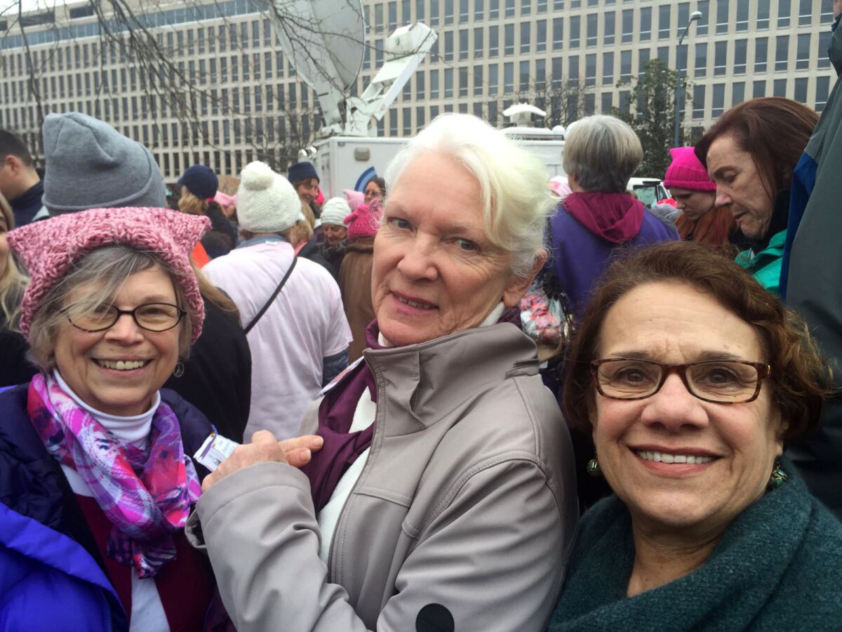 Anne Fairbanks, 70, left, Nancy Palumbo, 77, center, and Nan Purdue, 74, took a midnight bus from Auburn, N.Y., to participate in the Women's March on Washington.