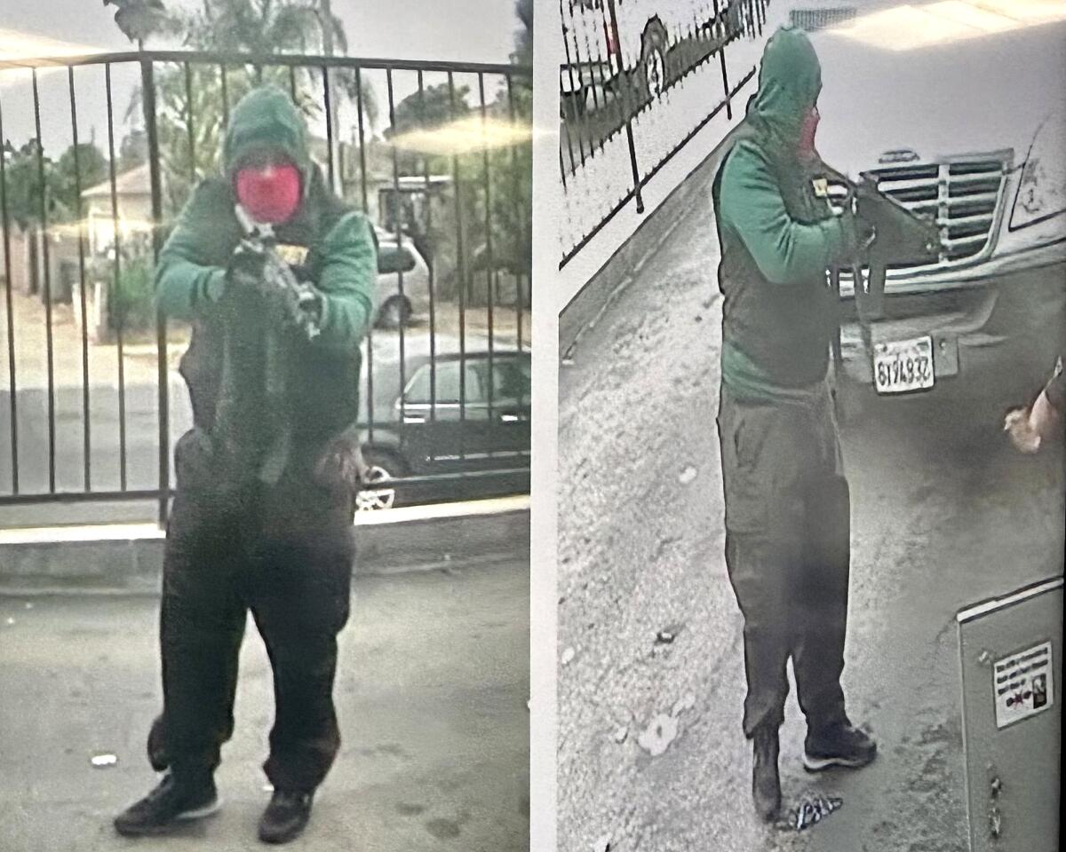 Camera footage shows a masked man holding an assault rifle.
