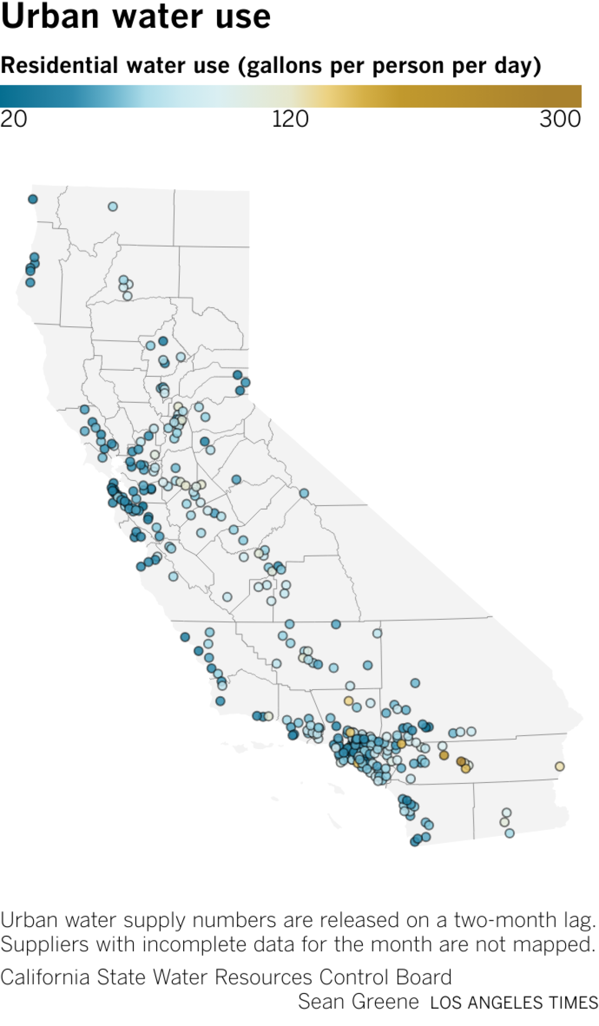 Interactive map shows residential water use per capita across California