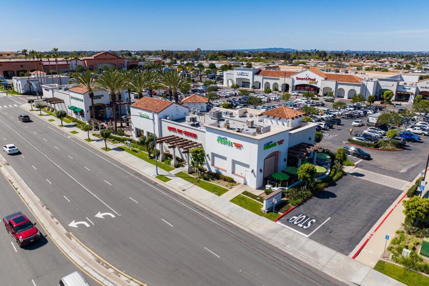 An aerial view of Mira Mesa Marketplace West from Westview Parkway looking southwest 