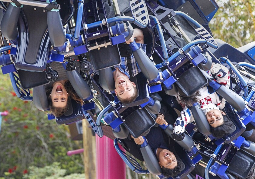 Riders brave the new Sea World ride called Tidal Twister on May 21, 2019 in San Diego, California. The ride officials opens on Friday.