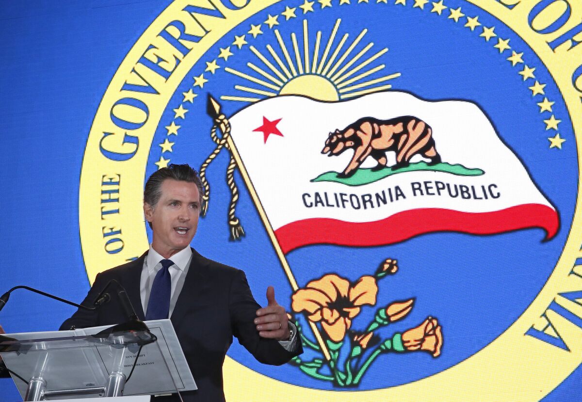 Gov. Gavin Newsom speaks to the California Chamber of Commerce in Sacramento on May 23.