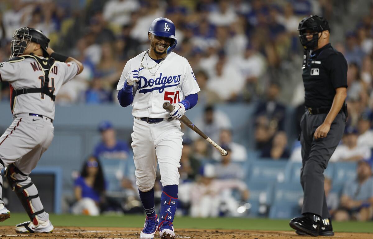 Los Angeles, CA - October 07: Mookie Betts reacts to his first at bat in the first inning during game one of the National League Division Series at Dodgers Stadium on Saturday, Oct. 7, 2023, in Los Angeles, CA. (Robert Gauthier / Los Angeles Times)