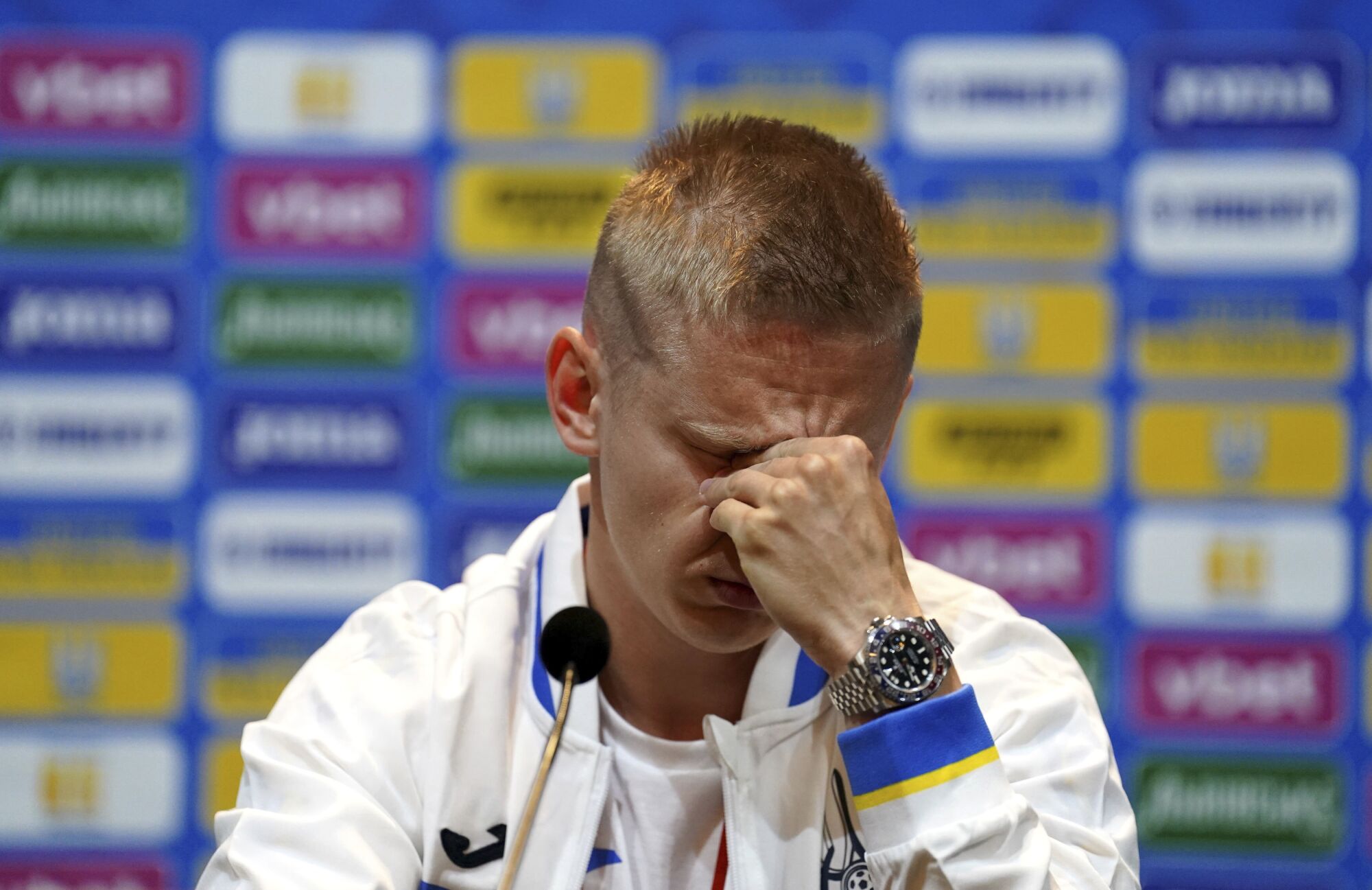 Ukraine's Oleksandr Zinchenko reacts during a news conference May 31 at Hampden Park, in Glasgow, Scotland.