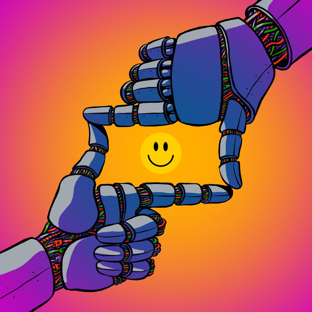 Illustration of two robotic hands forming a movie frame with a smiley face in the center