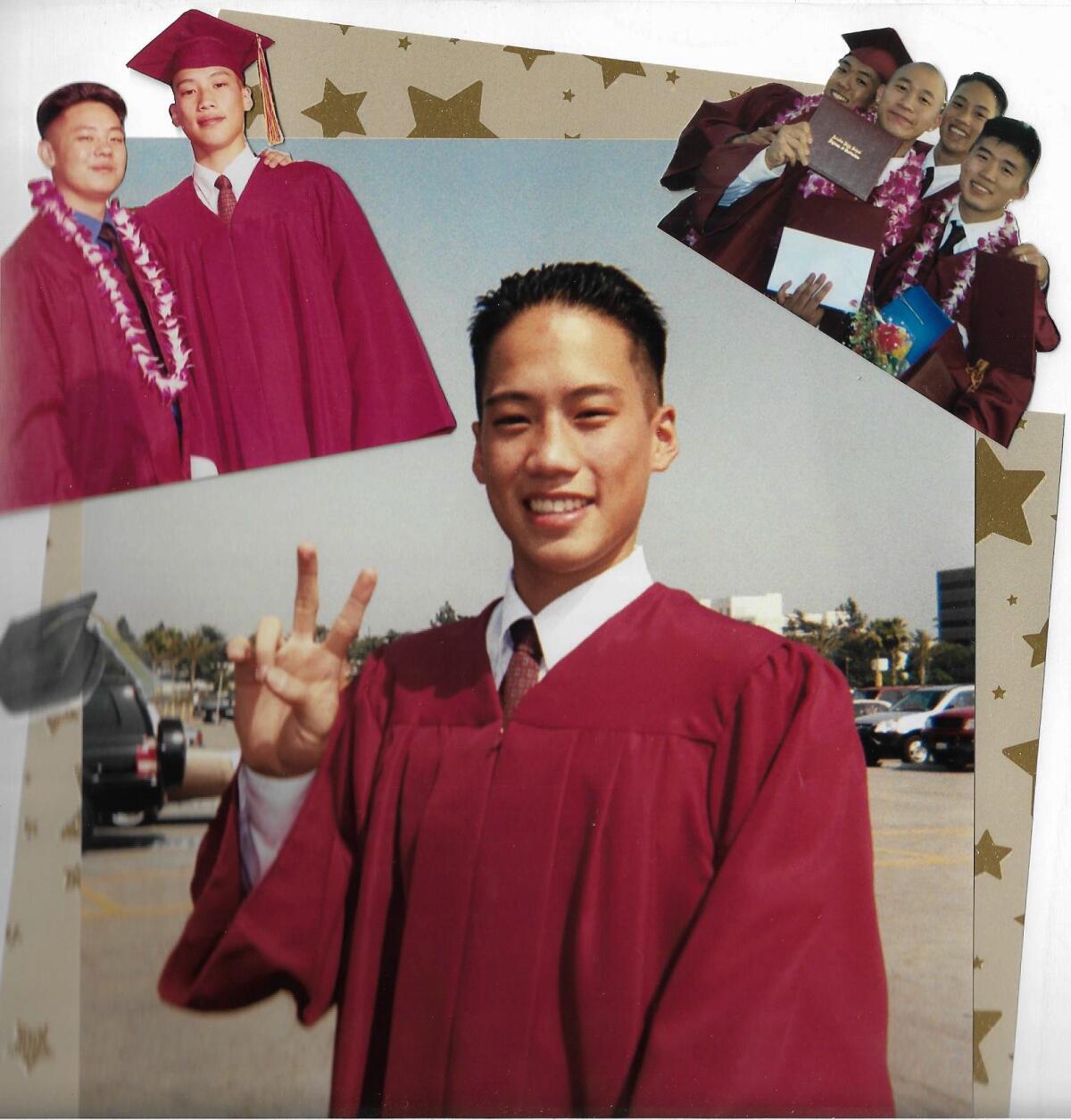 Eric Sheng Huang is posing for his high school graduation at Arcadia High.