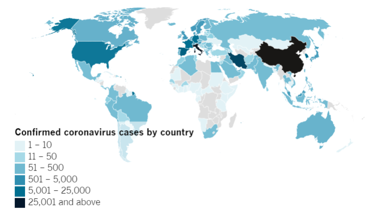 Confirmed COVID-19 cases by country as of 3:59 p.m. PT Monday, March 16.