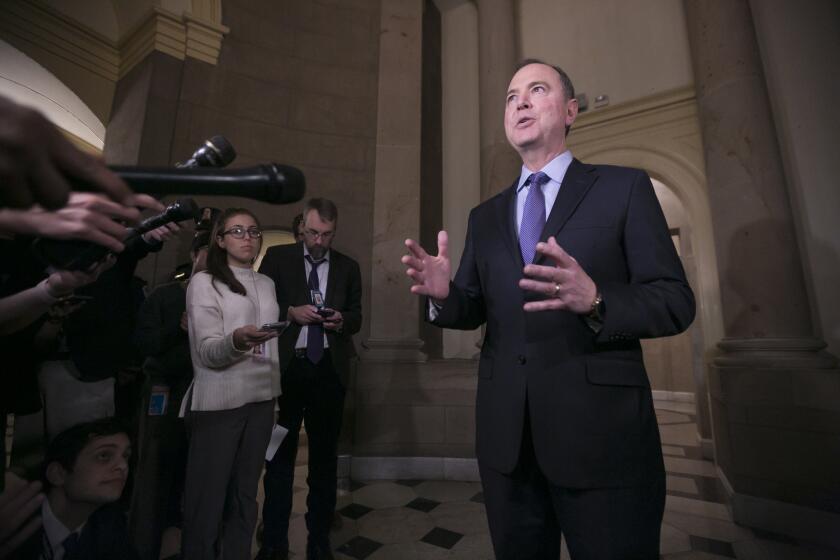 House Intelligence Committee Chairman Adam Schiff, D-Calif., talks to reporters outside the office of House Speaker Nancy Pelosi after President Donald Trump used his executive power to deny military aircraft to Pelosi to visit troops abroad, on Capitol Hill in Washington, Thursday, Jan. 17, 2019. (AP Photo/J. Scott Applewhite)
