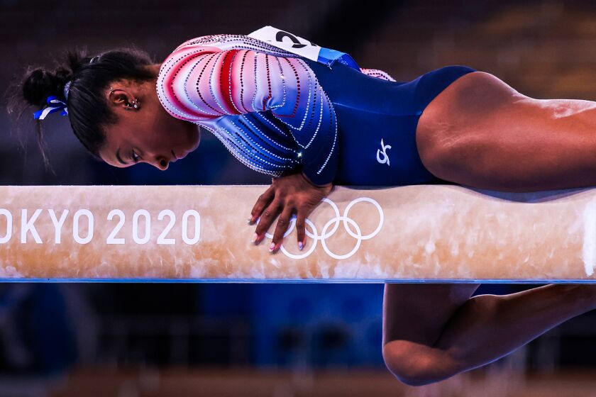 Tokyo, Japan, Tuesday, August 3, 2021 - USA gymnast Simone Biles competes Tokyo 2020 Olympics Women's Balance Beam Final at Ariake Gymnastics Centre. (Robert Gauthier/Los Angeles Times)