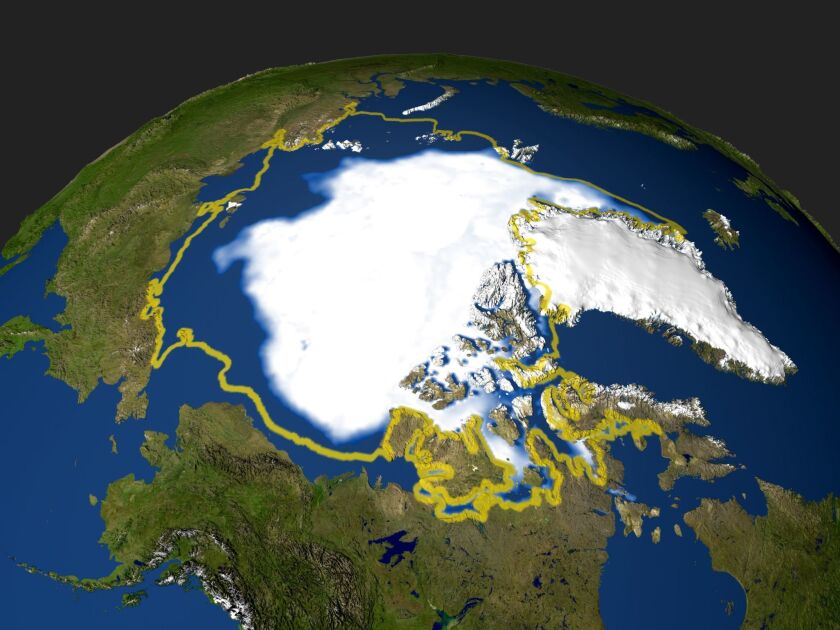 A file satellite photo shows the minimum concentration of Arctic sea ice in 2005, when the sea ice extent dropped to 2.05 million square miles.