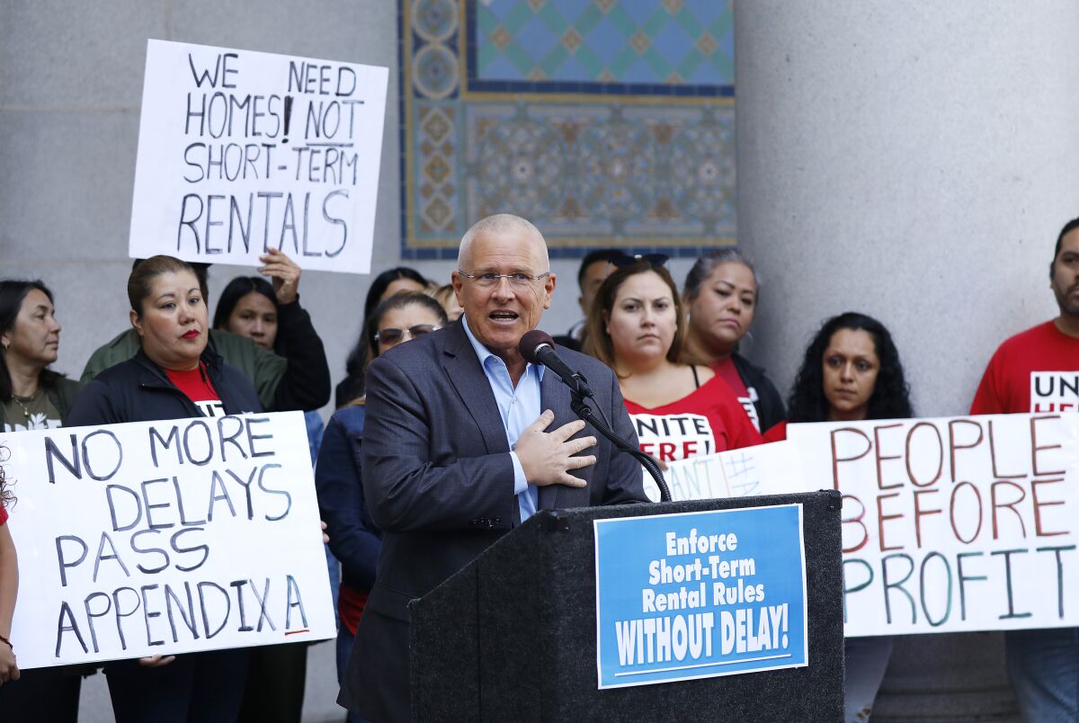 L.A. City Councilman Mike Bonin at a 2019 news conference about short-term rental enforcement.