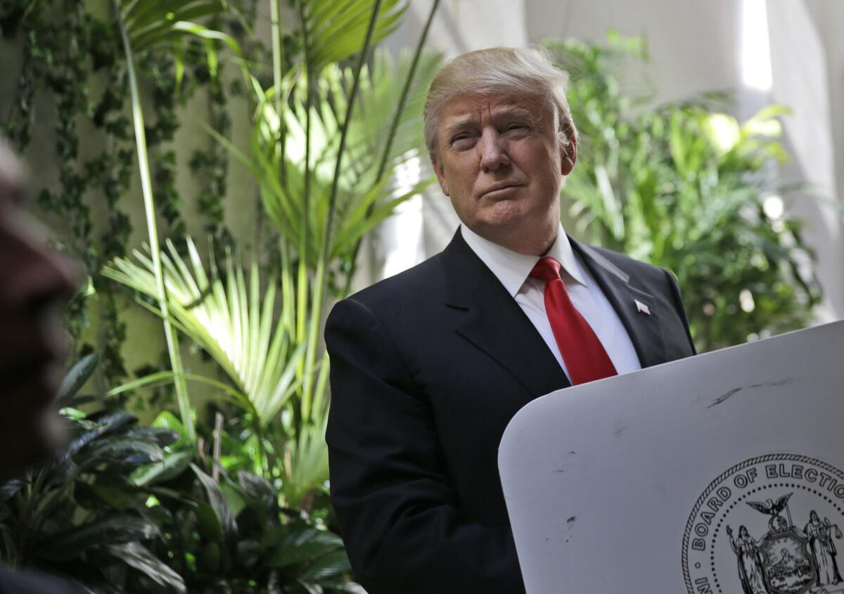 Republican presidential candidate Donald Trump votes in the New York primary April 19. The Anaheim City Council will consider denouncing Trump's rhetoric.