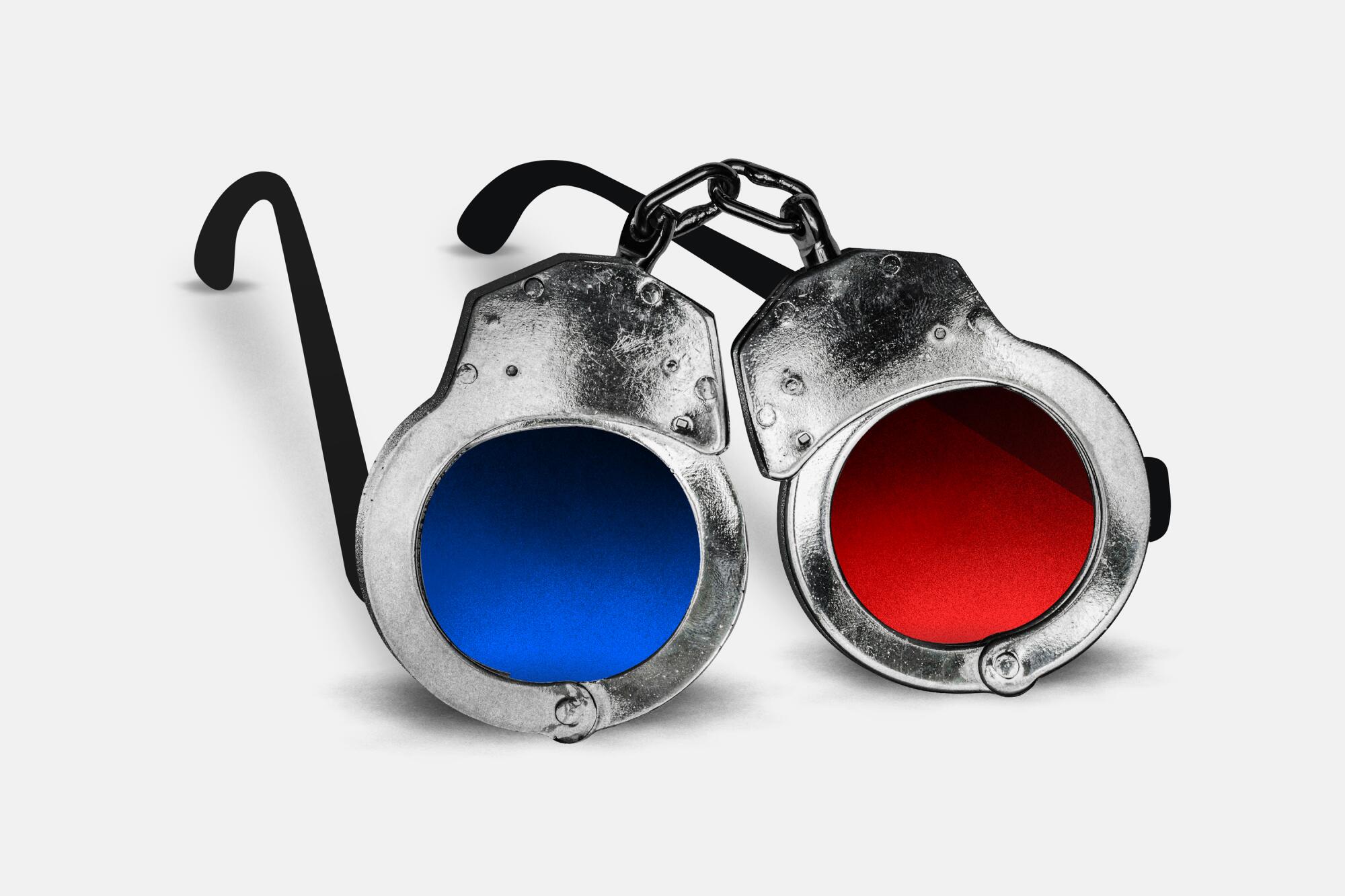 Photo illustration of a pair of glasses formed by handcuffs, one with a red lens and one with a blue lens