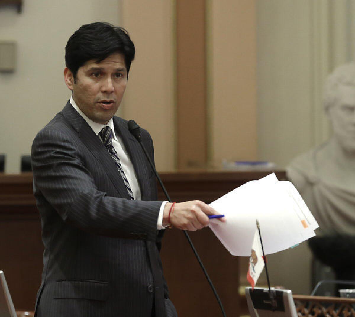 State Sen. Kevin de Leon, (D-Los Angeles), speaking during a September session, has denied playing a role in a contribution given to a nonprofit tied to Sen. Ronald S. Calderon (D-Montebello).