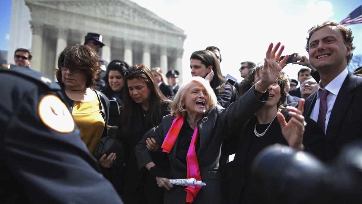 Edith Windsor (with red scarf) in 2013 outside U.S. Supreme Court.