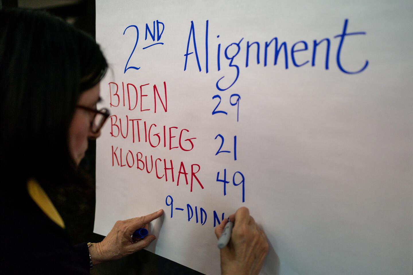 Allison Engel jots down results on a poster during a satellite Iowa caucus at the Palm Springs Public Library on Monday in Palm Springs.