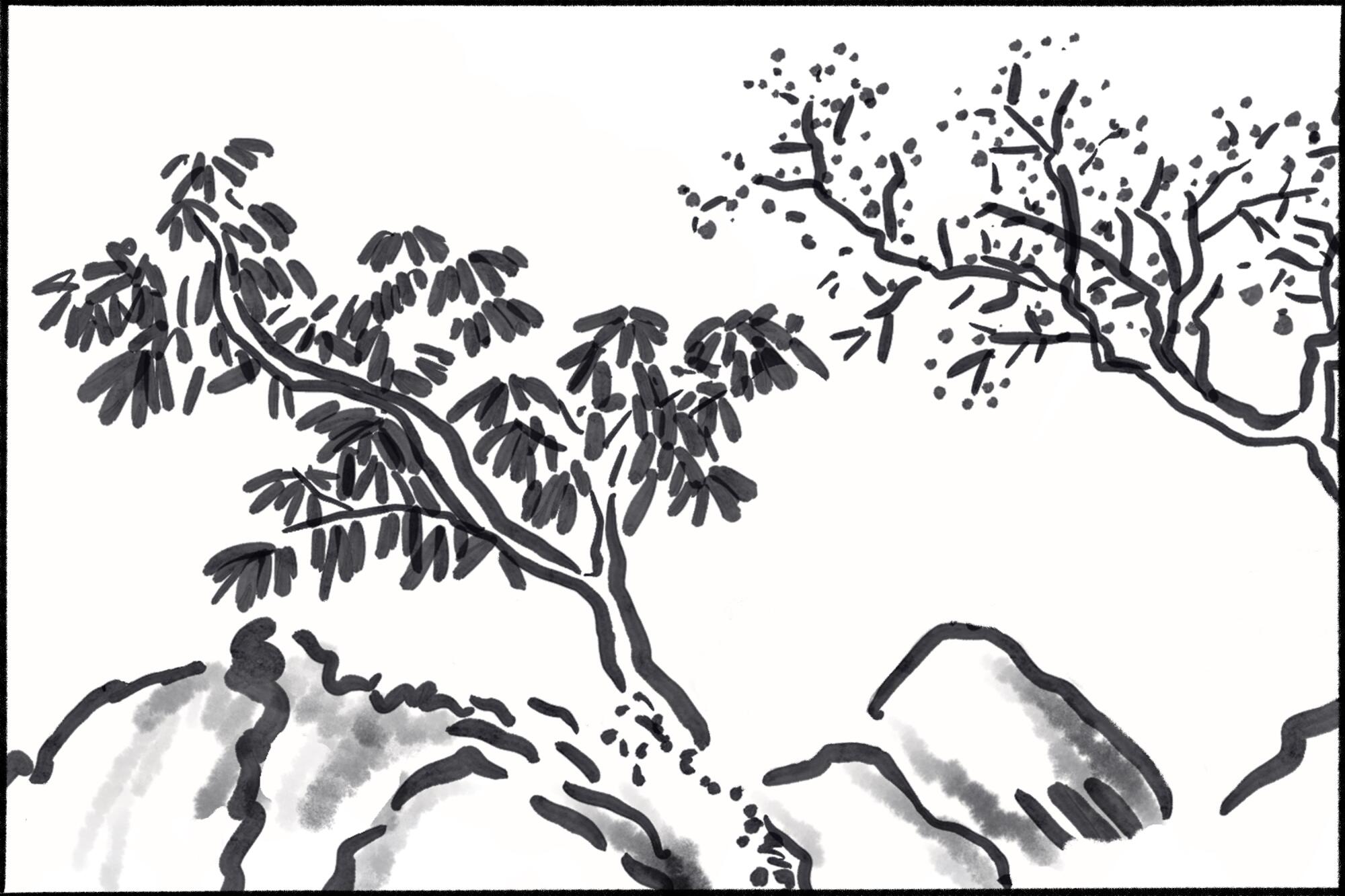 Illustrated black and white image of trees on rocks