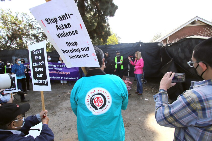 Ocean View School District President Gina Clayton-Tarvin speaks during a rally Saturday at the Wintersburg Japanese Mission.