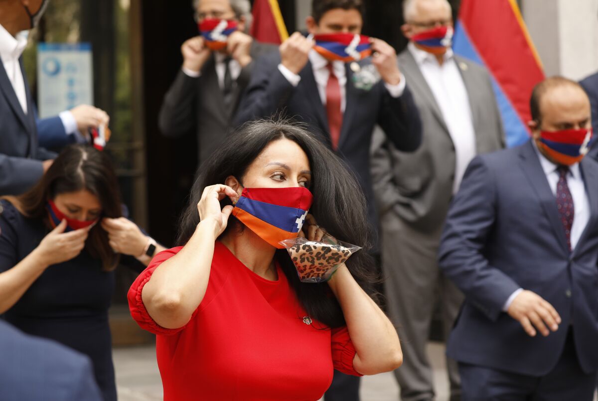 L.A. City Council President Nury Martinez dons a face mask bearing the flag of the Republic of Artsakh.