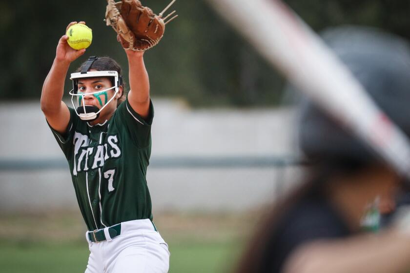 Poway, CA - June 01: Poway's Mya McGowan (7) pitches against Torrance during the CIF-Southern California regionals at the school on Thursday, June 1, 2023 in Poway, CA.(Meg McLaughlin / The San Diego Union-Tribune)