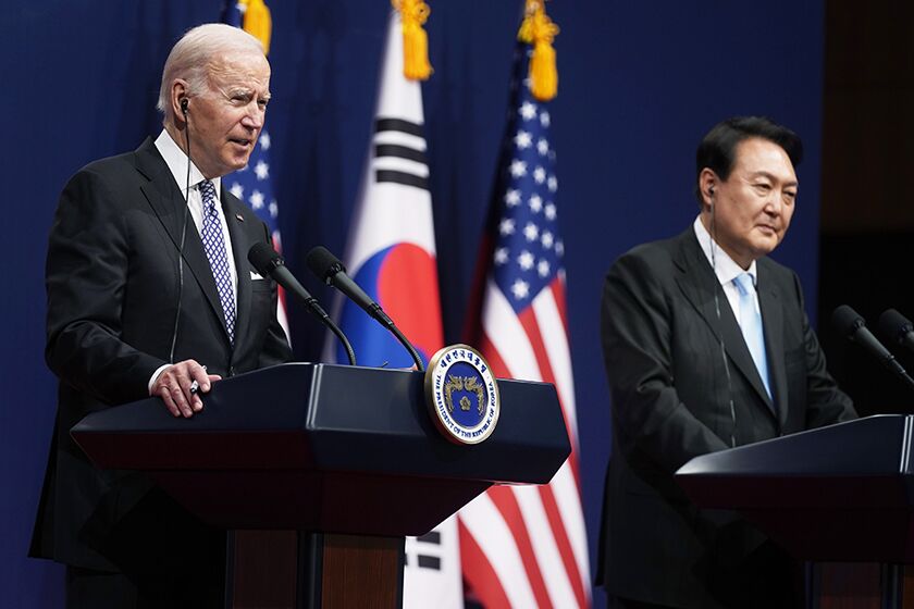 President Biden and South Korean President Yoon Suk Yeol field media questions in Seoul on Saturday.