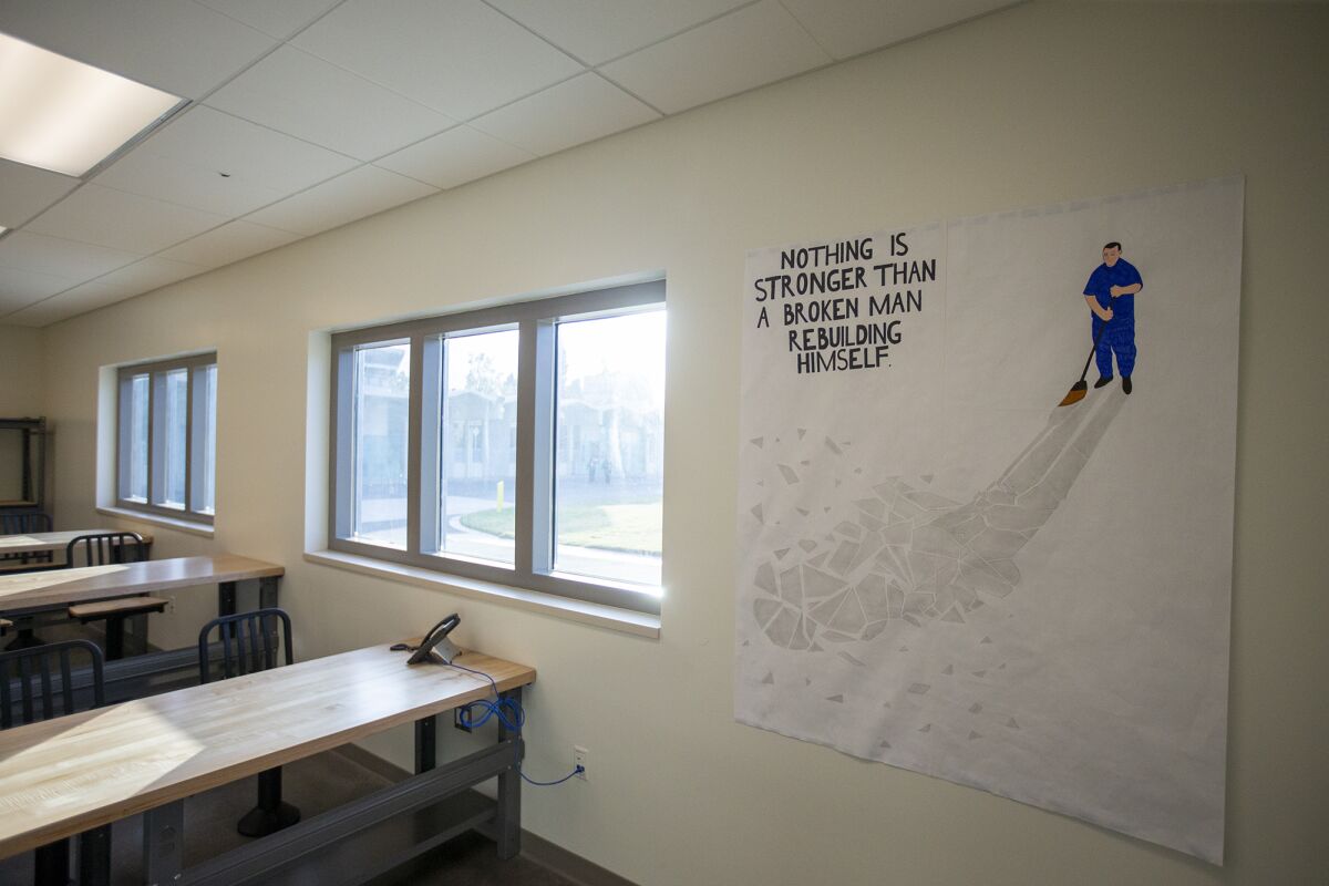 A poster hangs on the wall in a classroom in the new Multipurpose Rehabilitation Center.
