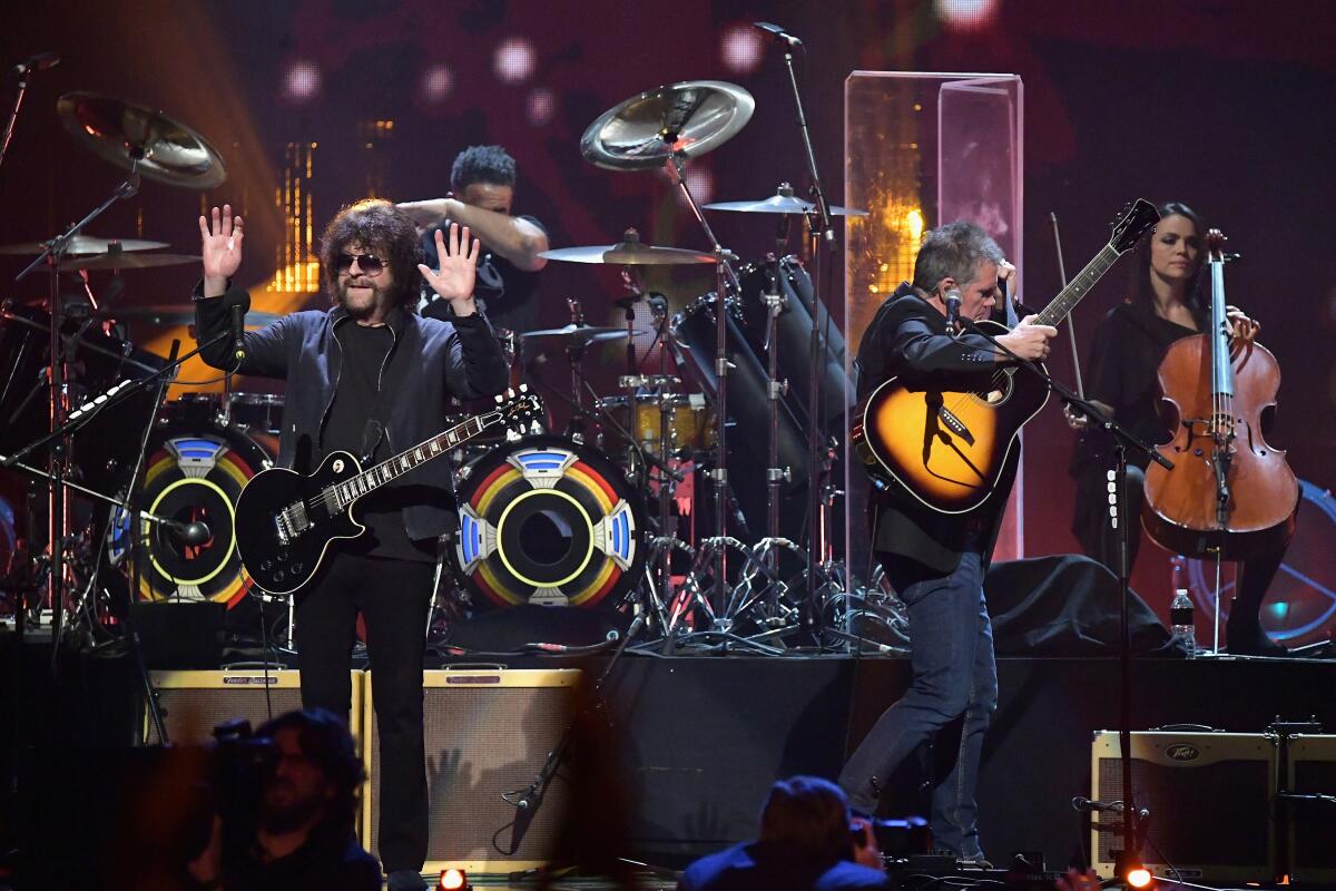 Inductee Jeff Lynne, left, of ELO performs at the Rock & Roll Hall Of Fame induction ceremony in 2017.