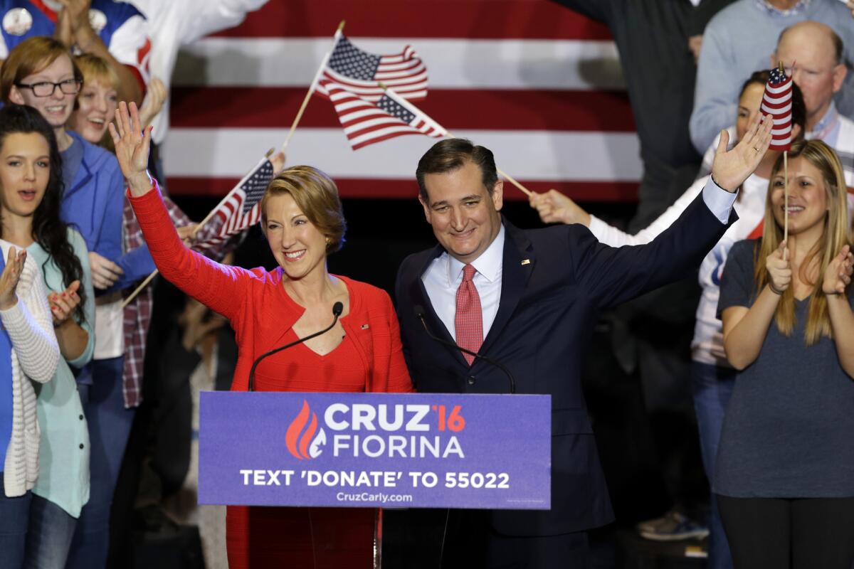 GOP presidential candidate Ted Cruz with running mate Carly Fiorina at a rally Wednesday in Indianapolis.
