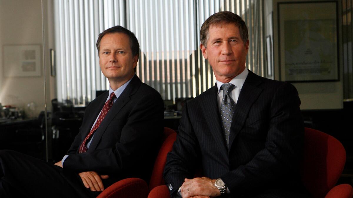 Lionsgate Vice Chairman Michael Burns, left, and CEO Jon Feltheimer are shown at the Lionsgate offices in Santa Monica.