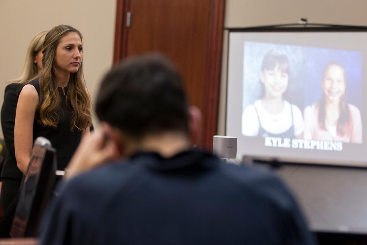 Kyle Stephens, a victim of former U.S. team doctor Larry Nassar, gives her victim impact statement during a sentencing hearing in Lansing, Mich., in 2018.