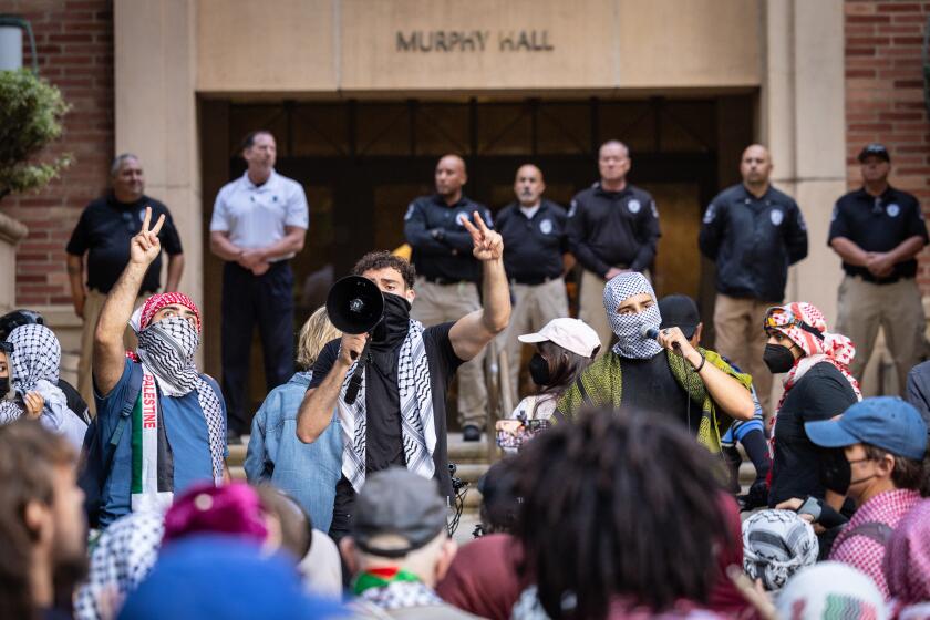 Los Angeles, CA - October 07: A pro Palestine rally at UCLA on the one-year anniversary of Hamas' Oct. 7th attack on Israel on Monday, Oct. 7, 2024 in Los Angeles, CA. (Jason Armond / Los Angeles Times)